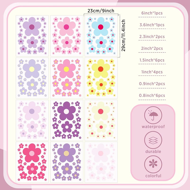 TaoBary 288 Pcs Y2k Cute Flowers Wall Sticker Colorful Floral Wall Decal Vinyl Peel and Stick Preppy Hippie Stickers Aesthetic Flowers Decor for Nursery Bedroom(9.1 x 11.4 Inch,Lovely Colors) - Image 2